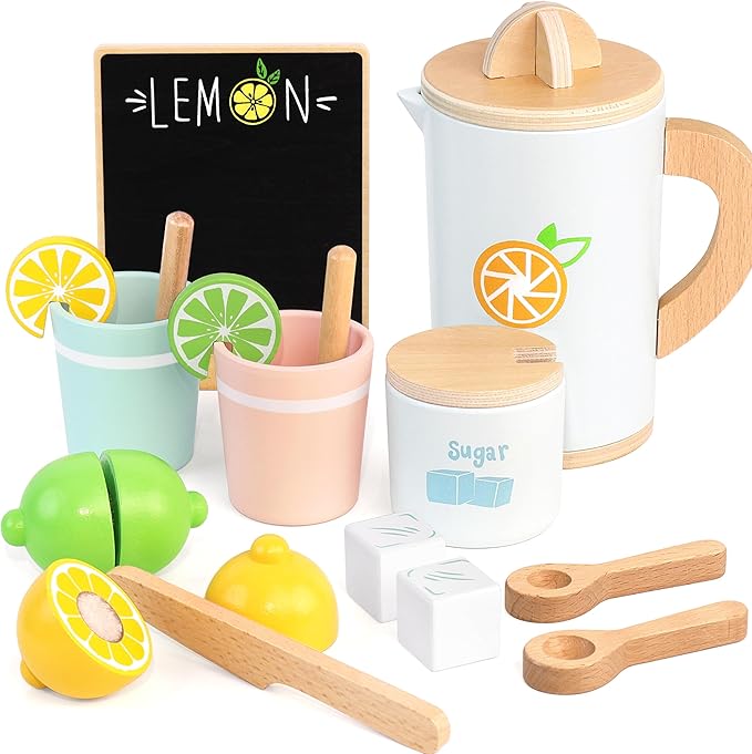 PairPear Wooden Lemonade Stand Play Set, Kids Play Food Pretend Play Lemonade Stand Play Set, Montessori Pretend Kitchen & Market Toy for Toddlers Ages 3+