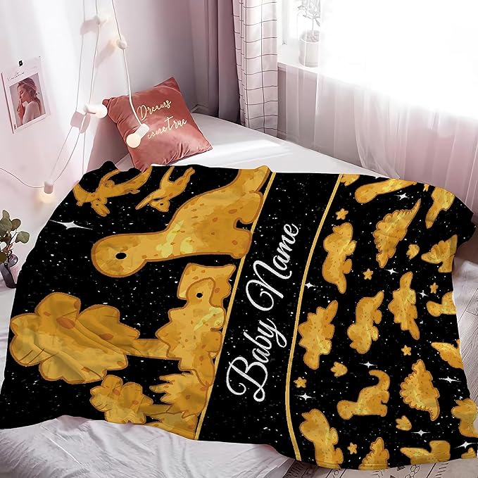 Personalized Baby Blanket for Girls Boys Chicken Nuggets Dinosaur Custom Blanket with Name Swaddle Blanket for Toddlers Infants Kids Shower Newborns Nursery Stroller Crib Decor Throw Birthday Gift