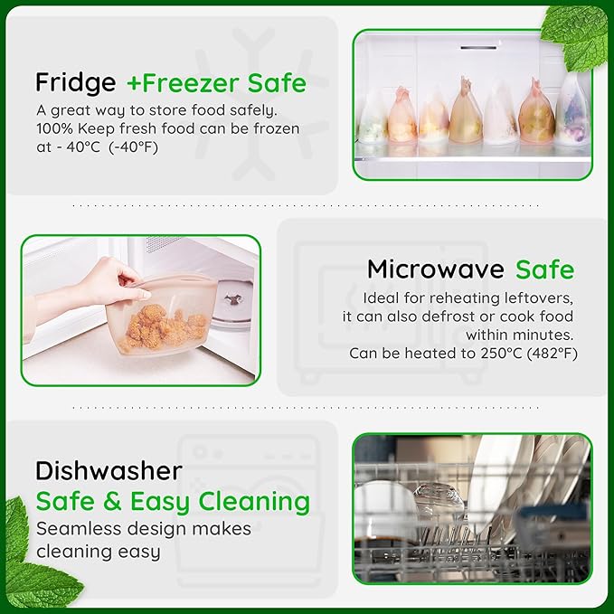 Premium Platinum Silicone Reusable Food Storage Bags 3-Pack (17 fl oz + 29 fl oz + 51 fl oz), Airtight Zip Lock Bags for Food, BPA-Free Silicone Freezer Bags, Microwave Safe, White