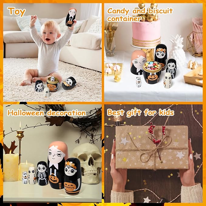 Halloween Nesting Dolls, 5Pcs 6"" Tall Russian Nesting Dolls, Handmade Matryoshka for Kids, Wooden Stacking Toys for Halloween Home Party Decorations (Pumpkin Girls)