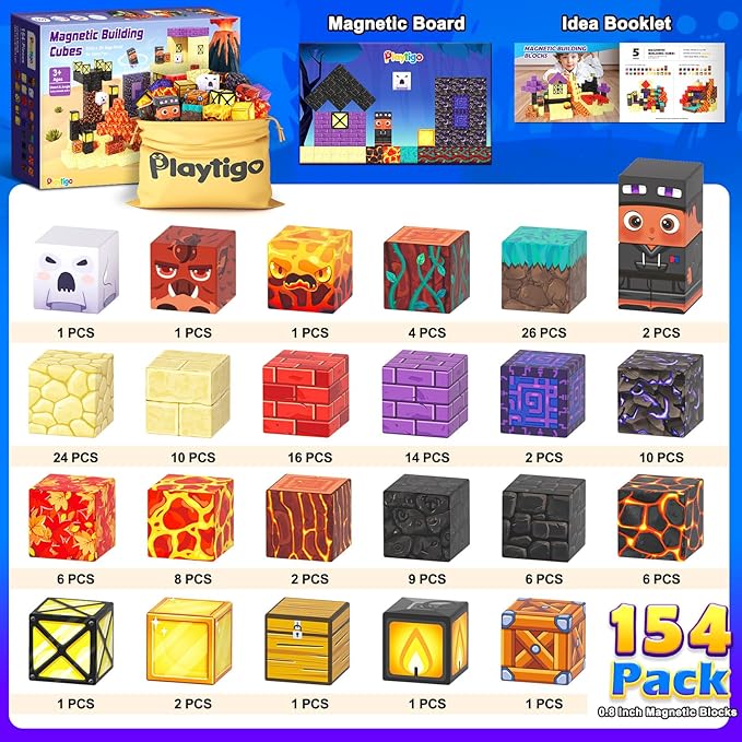 Magnetic Blocks - 154PCS Build Mine Magnet World Cube Toys with Magnet Board for Kids Age 3 4 5 6 7 8 9 10, Magnetic Tiles Stacking Toys, Sensory Birthday Gifts for Boys Girls, Classroom Must Haves