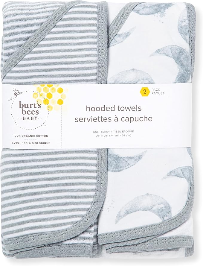 Burt's Bees Baby Hooded Towels, Absorbent Knit Terry, Super Soft Single Ply, 100% Organic Cotton