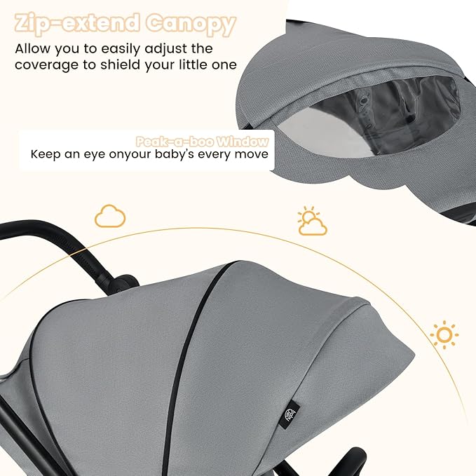 BABY JOY Baby Stroller, Foldable Toddler Stroller with Reversible Seat, Adjustable Backrest/Canopy/Handle/Footrest, Storage Basket, Suspension Wheels, Aluminum Frame (Gray)