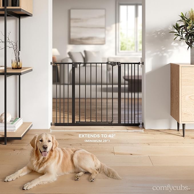 Comfy Cubs Baby Safety Gate with 3 Extensions - Adjustable 42" x 1.9" x 30" Q195 Steel Doorway Barrier - Powder-Coated Finish for Stairs and Doorways - Walk-Through Design Pet Gate - Black