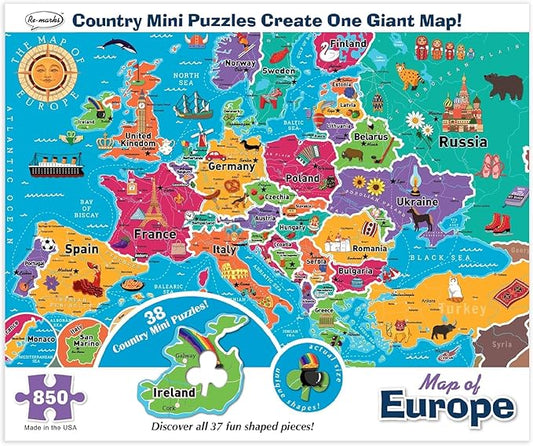 Re-marks Map of Europe Deluxe Jigsaw Puzzle with Whimsy Pieces - All Ages