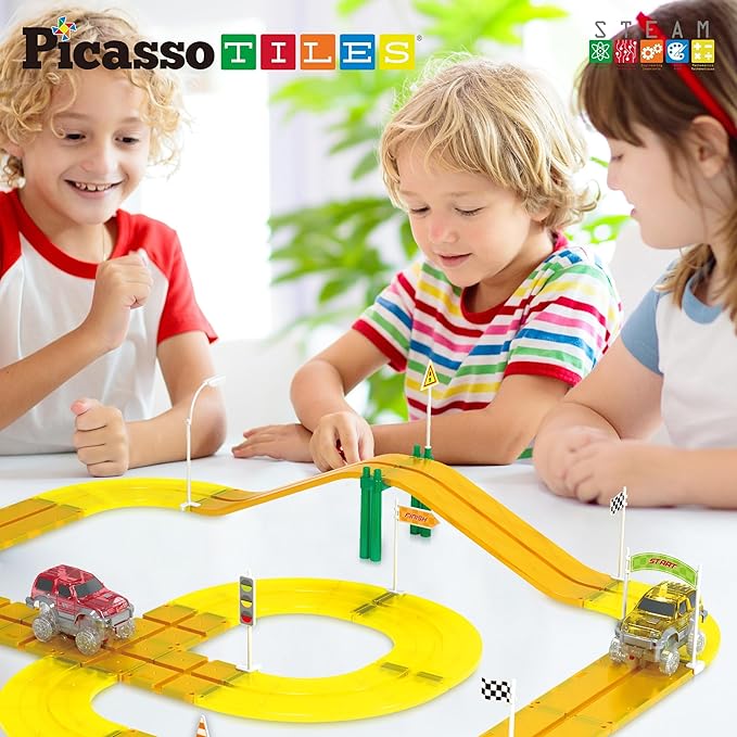PicassoTiles Magnet Tile Compatible Building Race Track Kit Traffic Sign Accessory Stabilizers with Sticker Set STEM Educational Magnets Toddler Racecourse Structure Blocks Add On Ages 3+ PTR01
