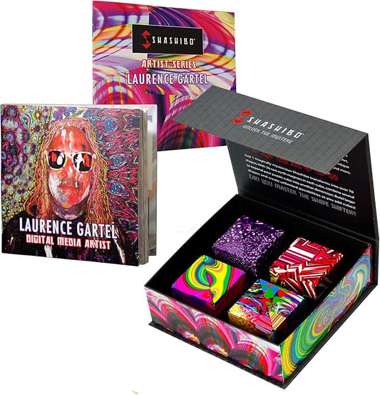 Shashibo Limited Edition Gartel Shape Shifting Box - Award-Winning, Patented Fidget Cube w/ 36 Rare Earth Magnets - Designed by Digital Art Pioneer Laurence Gartel (4 Pack)
