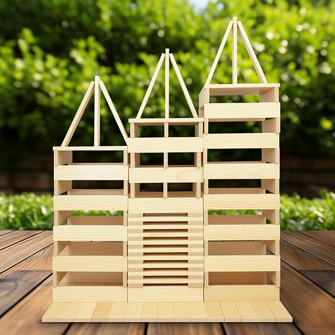 42pcs Large Open Ended Wooden Building Blocks for Kids 19.8 lb, Natural Pine Rectangular Wood Building Toys，Construction Toys for Toddlers, STEM Building Set,Birthday Gift for Ages 3-12 (Medium 9.8")