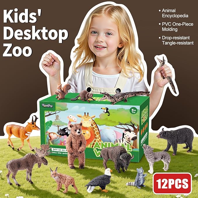 12PCS Large North American Animal Figurines, Realistic Safari Woodland Jungle Animals Figures Toys Includes Crocodile,Wolf,Bear,Deer Cake Toppers Birthday Gift Party Favors Toys for Toddlers