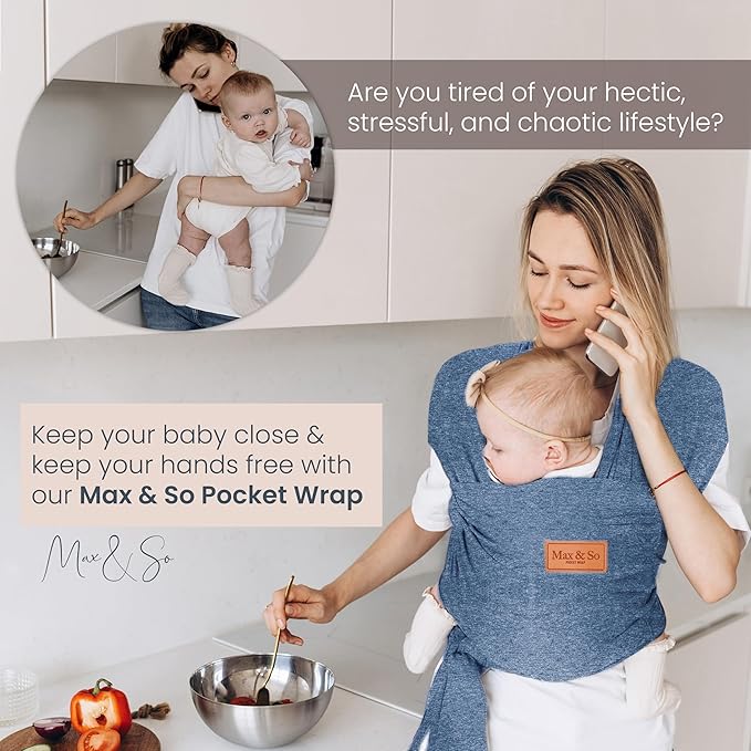 Baby Wrap Carrier - Premium Cotton Baby Carrier Wrap for Newborn to Toddler- Infant Carrier- Baby Holder One Size Fits All with Front Pocket (Grey) by Max&so