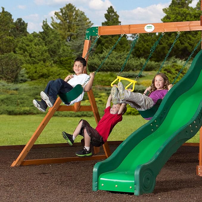 Backyard Discovery Shenandoah Cedar Wood Swing Set with Wave Slide, Raised Clubhouse, Playhouse, Play Kitchen, Belt Swings, Trapeze, Rock Wall, Ladder, Picnic Table, Full Door, Outdoor Playset