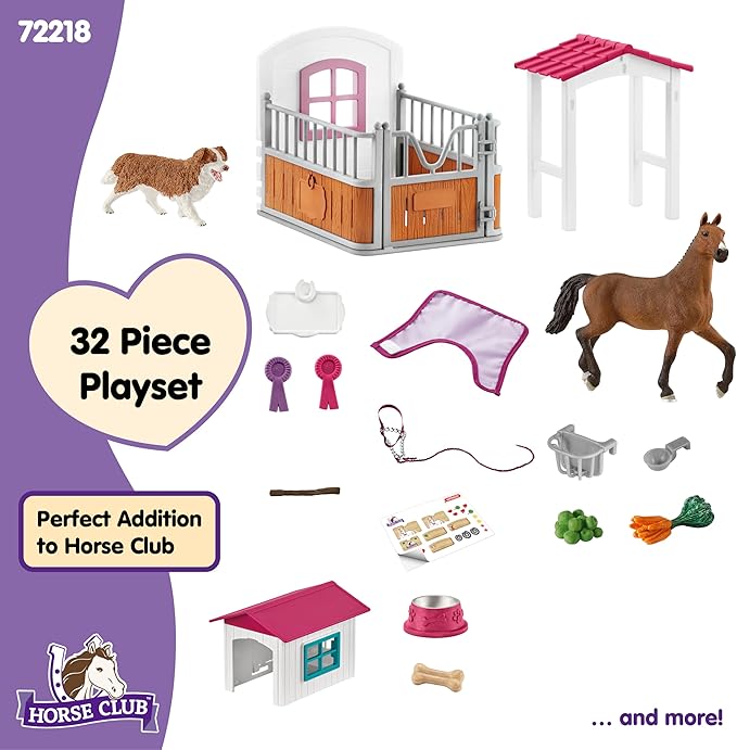 Schleich Horse Club - 32 PC Stall and Doghouse Playset with Horse Figurine and Toy Dog for Girls and Boys - Kids Ages 5+ | 72218