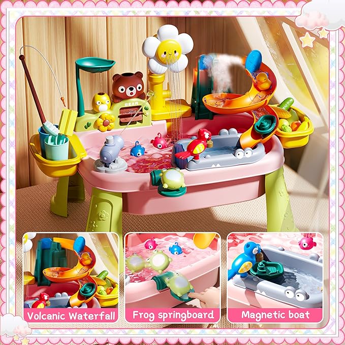 2026 Upgraded Toddler Sand Water Table Toy with Electric Water Pump, Kids Sand Water with Faucet/Play Food Accessories/Fishing Toy, Kitchen Play Sink Toys for Girl Boy Age 3+