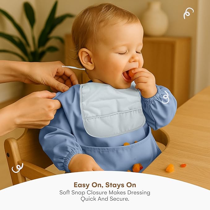 CHILDLIKE BEHAVIOR Baby Smock Bib - Waterproof Travel Buddy, Mess-Proof Feeding - Long Sleeves, Gentle Closure- Two-Layer