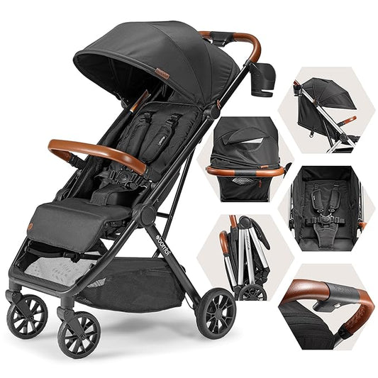 Bombi Bēbee V2 Lightweight Baby Stroller - Premium Vegan Leather, One-Hand Fold, Infinite Recline, Aircraft-Grade Aluminum Frame, XXL Canopy, and Ample Storage Umbrella Stroller - Hickory