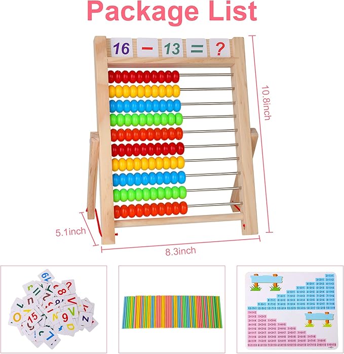 KIDWILL Preschool Math Learning Toy,10-Row Wooden Frame Abacus with Multi-Color Beads, Counting Sticks, Number Alphabet Cards, Gift for 2 3 4 5 6 Years Old Toddlers Boys Girls