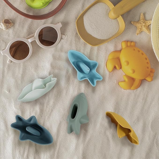 Bessentials Silicone Stackable Baby Shark Boat Bath Toys Set, Mold-Free Floating Bathtub Toys for Baby & Toddler,BPA Free,Set of 5