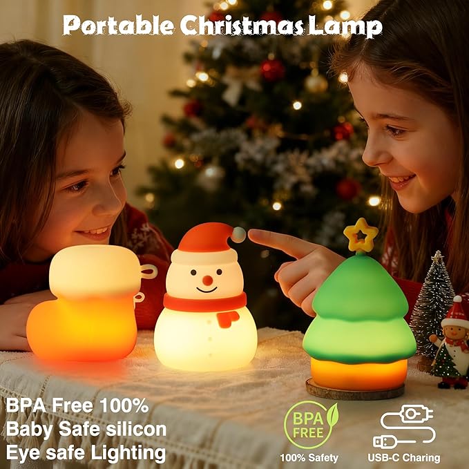 Christmas Night Light Set for kids,Rechargeable Dimmable Christmas Snowman Night Lamp,Cute Christmas Tree Decor Nightlight for Nursery Toddler Hangable Squishy Silicone Boot Lights Gifts Holiday Decor