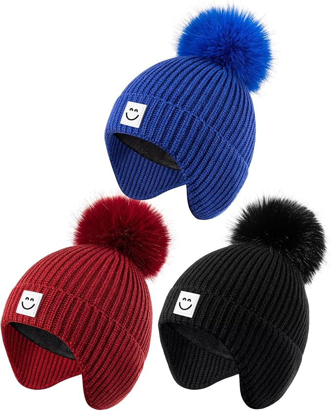 3 Pack Baby Winter Hats with Earflaps, 2 Size Kids Pom Pom Beanie for Infant Toddler Children, Smiley Face Hat for Girls Boys