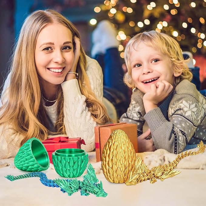3D Printed Dragon Eggs with Articulated Fly Dragon Inside, Collectible Figurines Fidget Toy for Adults Kids Birthday Easter Christmas White Elephant Gifts for Friends Colleagues(Gold, M size)