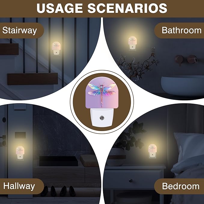 Night Light, Colorful Dragonfly Night Lights Plug into Wall Dusk to Dawn Sensor Round Nightlight for Women Men Energy Efficient Led Lamp 0.5W for Stairway Hallway Bedroom