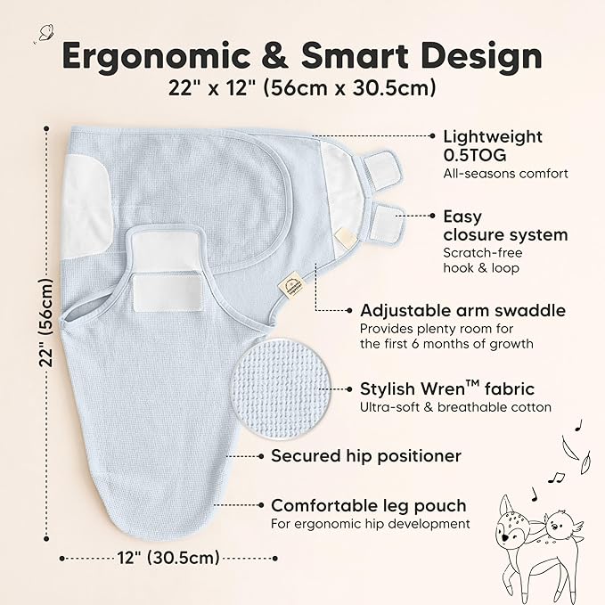 3-Pack Organic Swaddles for Newborns, Baby Sleep Sacks 0-3 Months - Baby Swaddle Wrap, Newborn Wearable Blanket, Infant Sleep Sack for Girls, Boys, Soft & Snug, Large Hook & Loop Closure (Glacier)