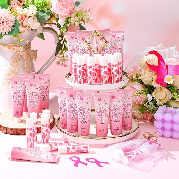 24sets/96pcs Breast Cancer Awareness Gifts Bulk Breast Cancer Lip Balm and Hand Cream Gift for Women Pink Ribbon Travel Size Hand Lotion and Lip Balm Bulk with Organza Bags Tags