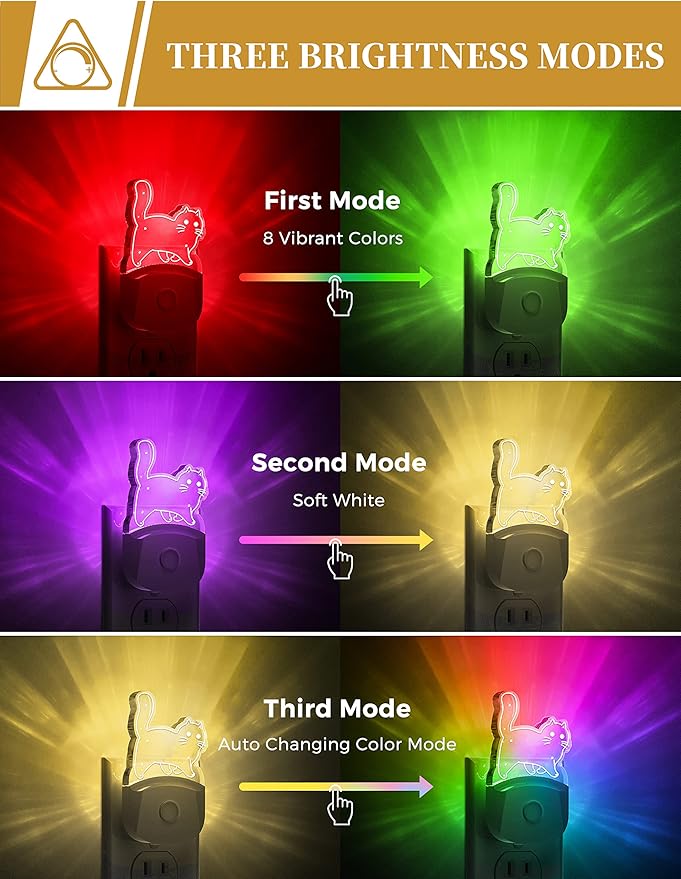 DORESshop Cat Night Light [2 Pack], Kids Night Light with 8-Color RGB, Plug in, Dusk-to-Dawn Sensor, Rainbow LED Baby Night Light for Bathroom, Cute Room Decor,Boys Girls Gift