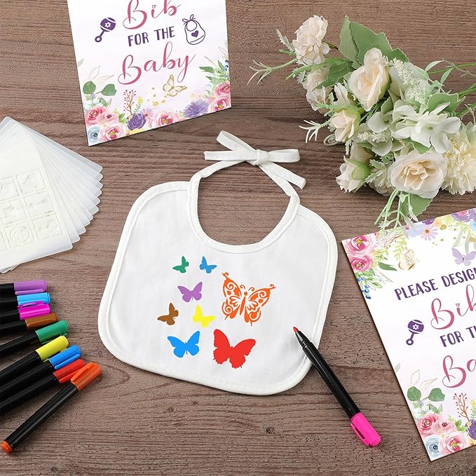 Newwiee 55 Pcs White Bibs for Baby Decorating Design a Bib Decorate Plain newborns Bibs Wooden Sign for Baby Shower Games Kit