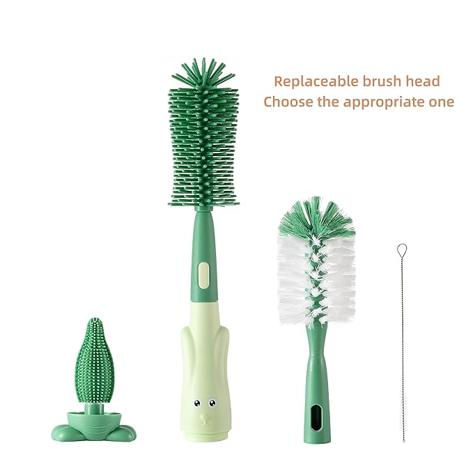 Chemimoso Cup Cleaning Brush, Silicone Baby Bottle Brush with Stand, Large Handle Water Bottle Brush Cleaner Set, with a Tiny Cup Lid Gap Cleaning Brush, Cup Lid Cleaner Brushes Kit, Green