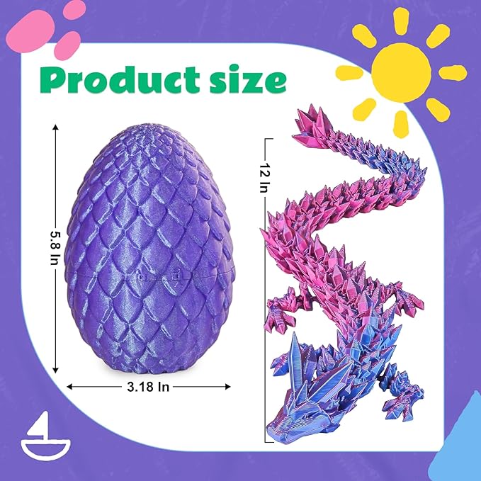 Dragon Eggs with Dragon Inside, 3D Printed Surprise Funny Gifts for Kids, Articulated Dragon Fidget Toys for Adults, Executive Desk Toys Office Room Décor (Shiny Purple, M-Size)
