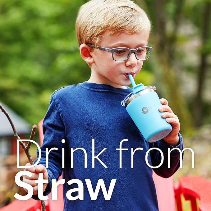 PopYum 9oz Insulated Stainless Steel Kids’ Cups with Lid and Straw, 2-Pack, Orange, Blue, stackable, sippy, baby, child, toddler, tumbler, double wall, vacuum, leak proof