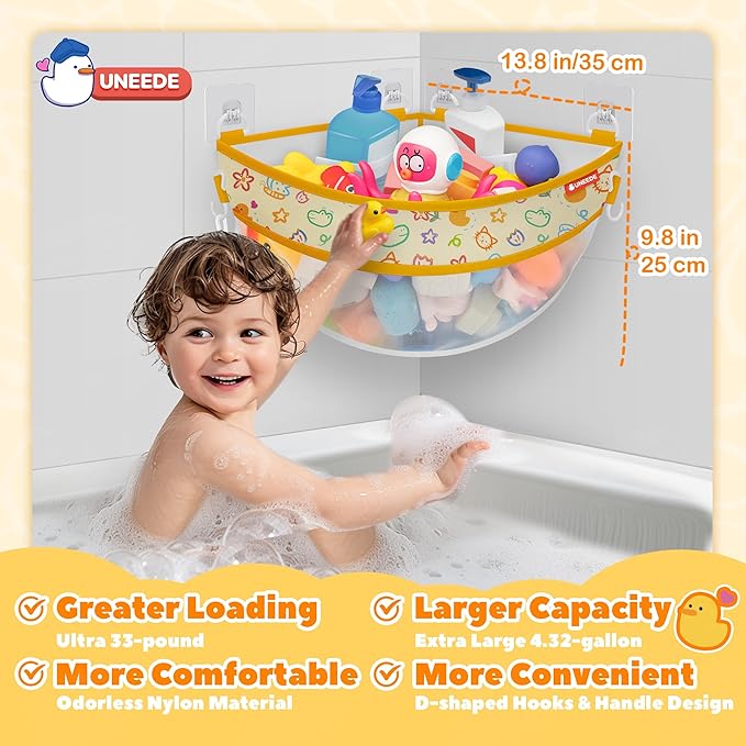 UNEEDE 4.32 Gallons Duck Print Corner Mounted Bath Toy Storage Holder, Yellow Mesh Shower Caddy for Bathtub Organizer, Quick Dry Holder