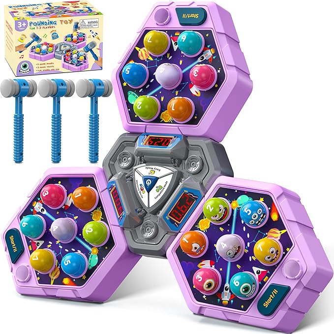 3-Player Whack Game Mole Toy for Ages 3+, Early Learning Toy with Lights & Sounds, Interactive Pounding Hammer Toy with 3 Game Modes, Perfect for Families with Multiple Kids of Different Ages