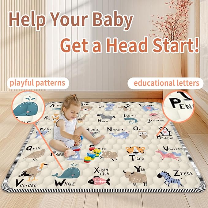 Baby Play Mat 59" X 59", Thickened Soft Floor Mat, Waterproof and Non-Slip Crawling Play Mat, Machine Washable Foldable Crawling Mat for Floor Playpen