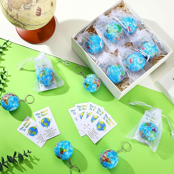 Quelay 50 Pack Earth Day Globe Keychains for Kids, Planet Earth Keyrings Toy Includes Globe Stress Balls Cards Organza Bags, School Party Favor