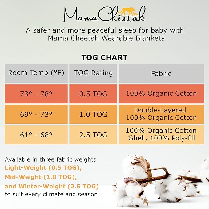 Mama Cheetah Baby Sleep Sack 2.5 TOG, Winter Baby Sleeping Bag with 2-Way Zipper, Organic Cotton Swaddle Transition Wearable Blanket for Boy Girl Infant Toddler, 0-6 Months, 1-Pack