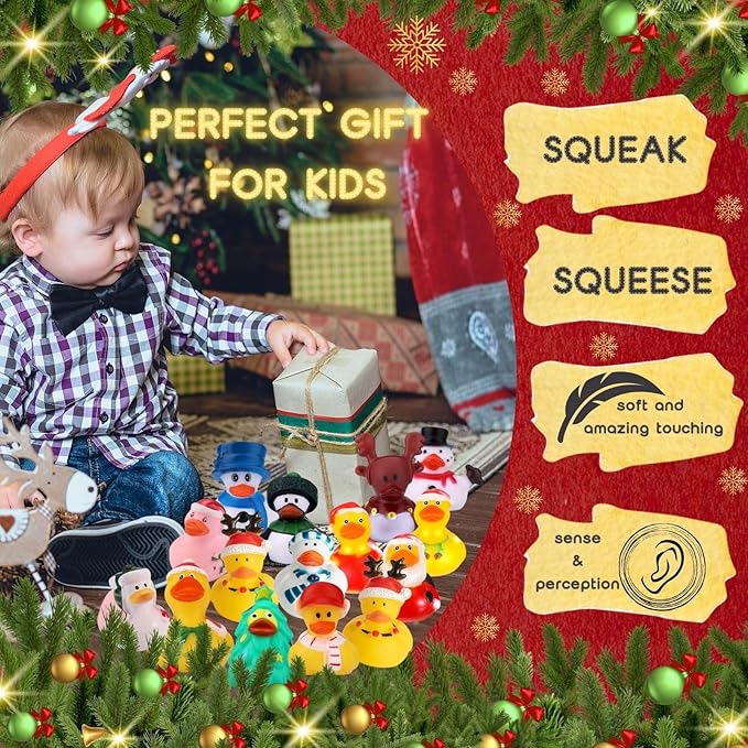 52Pcs Christmas Rubber Ducks in Bulk, Assortment Christmas Rubber Ducks for Jeeps,Xmas Theme Party Favors Decor Gifts for Christmas Stocking Stuffers,Shower Pool,Classroom Gift Exchange (52)