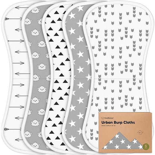 Organic Burp Cloths Baby Boy & Girl - 5-Pack Super Absorbent Cotton Burping Cloths for Babies, Soft & Plush Newborn Spit Up Rags, Infant Towels for Milk Spit Up, Unisex, Large 21" x 10" (Grayscape)