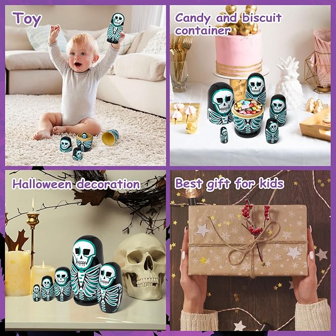 Nesting Skulls, 5 Pcs Handmade Wooden Russian Stacking Dolls, Home Halloween Decoration Gift