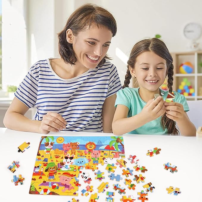 LELEMON Beach Animal Jigsaw Puzzles in a Metal Box 100 Pieces Beach Animal Party Jigsaw Puzzle for Kids Ages 4-8 Children Learning Educational Puzzles Toys