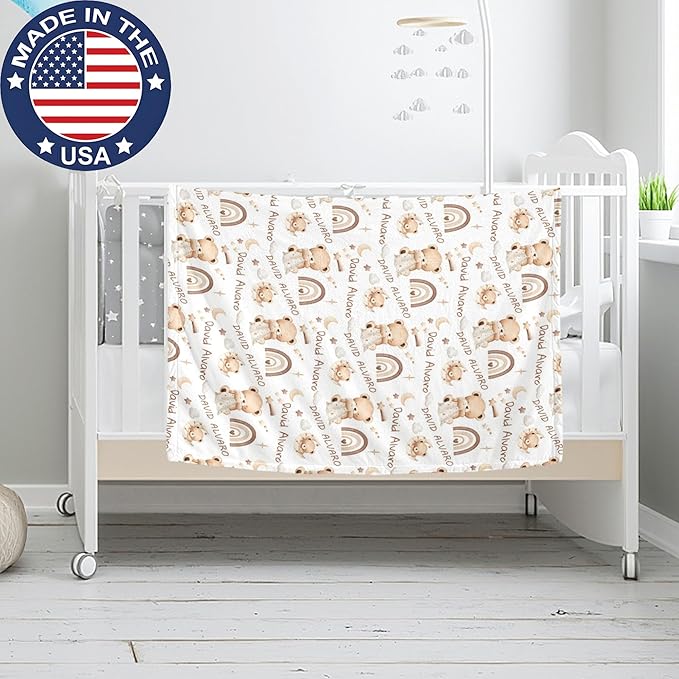 Ship Next Day, Personalized Baby Blanket for Boys Girls - Printed in USA, Custom Name Toddler Blanket with Sleep Bear Pattern, Perfect Newborn Gift