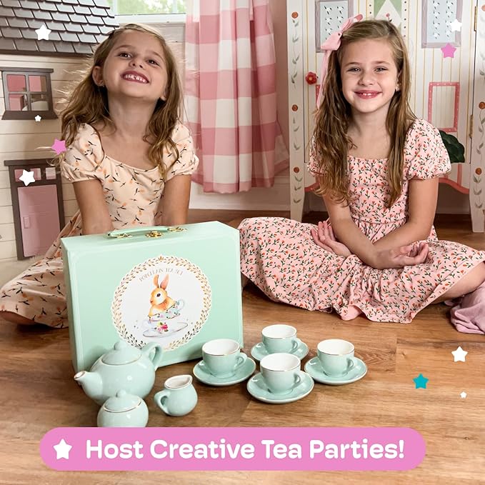 Jewelkeeper 13 Piece Toddler Porcelain Tea Party Set - Exquisite Tea Cup Set for Kids - Includes Sugar Bowl, Creamer, Saucers in a Carrying Case - Turqouise Polka Dot