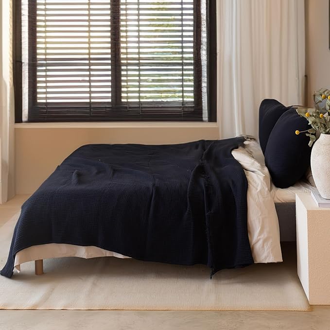 100% Turkish Cotton Muslin Blanket Twin Size 63"x91" Black, Soft 4-Layer Lightweight Thin Gauze Muslim Blankets for Summer (Black, Twin Size: 63" x 91")