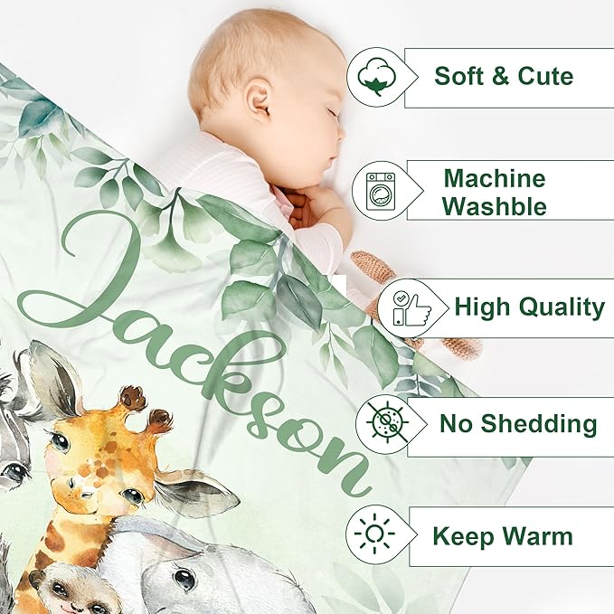J&SBGFT Personalized Baby Blanket for Boys,Custom Baby Blanket with Name, Customized Name Blanket Receiving Blankets for Toddlers Kids Nursery Stroller Crib Decor Throw,Safari Animal Blanket