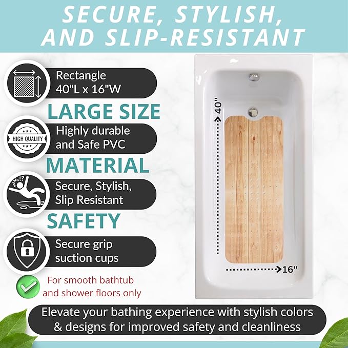 ENKOSI Bath Mat – PVC Large 40 x 16 Inch Non-Slip Bathtub Mat with Secure Suction Cup Grip & Drain Holes – Extra Long Bathroom Shower Mat for Tub and Shower Floors with Wood Print Design (40x16 Wood)