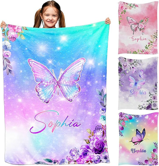 Personalized Name Blanket for Girls Boys, Customized Name Blankets with Butterfly, Custom Soft Fleece Blanket with Names for Kids Teens Personalized Baby Throw Blanket for Christmas Birthday