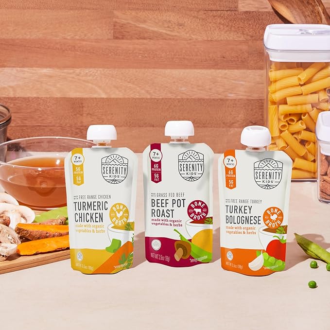 Serenity Kids 7+ Months Bone Broth Puree Made with Organic Veggies - BPA-Free Organic Baby Food Pouches with Veggies & Ethically Raised Meat - Clean Label Project Certified - 3.5 Oz, 6 Pack