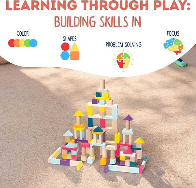 CUBIKA 100 Piece Wooden Blocks Construction Kit– Montessori-Inspired Stacking Toy for Toddlers and Kids– Durable Wooden Blocks for Creativity, Fine Motor Skills, and Early Learning