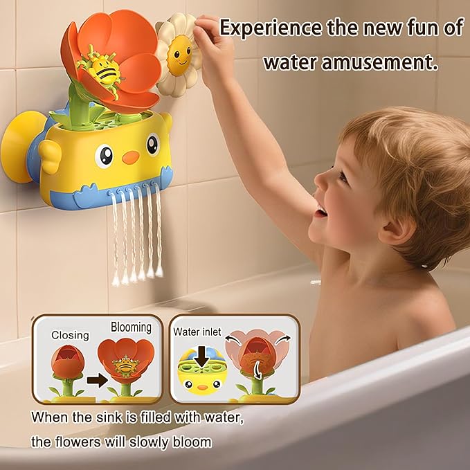 Durable Bath Toys for Toddlers 1-3 with Spinning Flower, Baby Waterfall Bathtub Toy W/Suction Cup and Spoon,Kids Bathtub Shower Play Set for Fun Bath Time Play